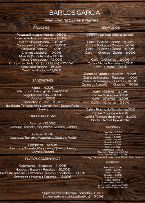 Menú del Bar Los García sobre fondo de madera con raciones, desayunos y hamburguesas.